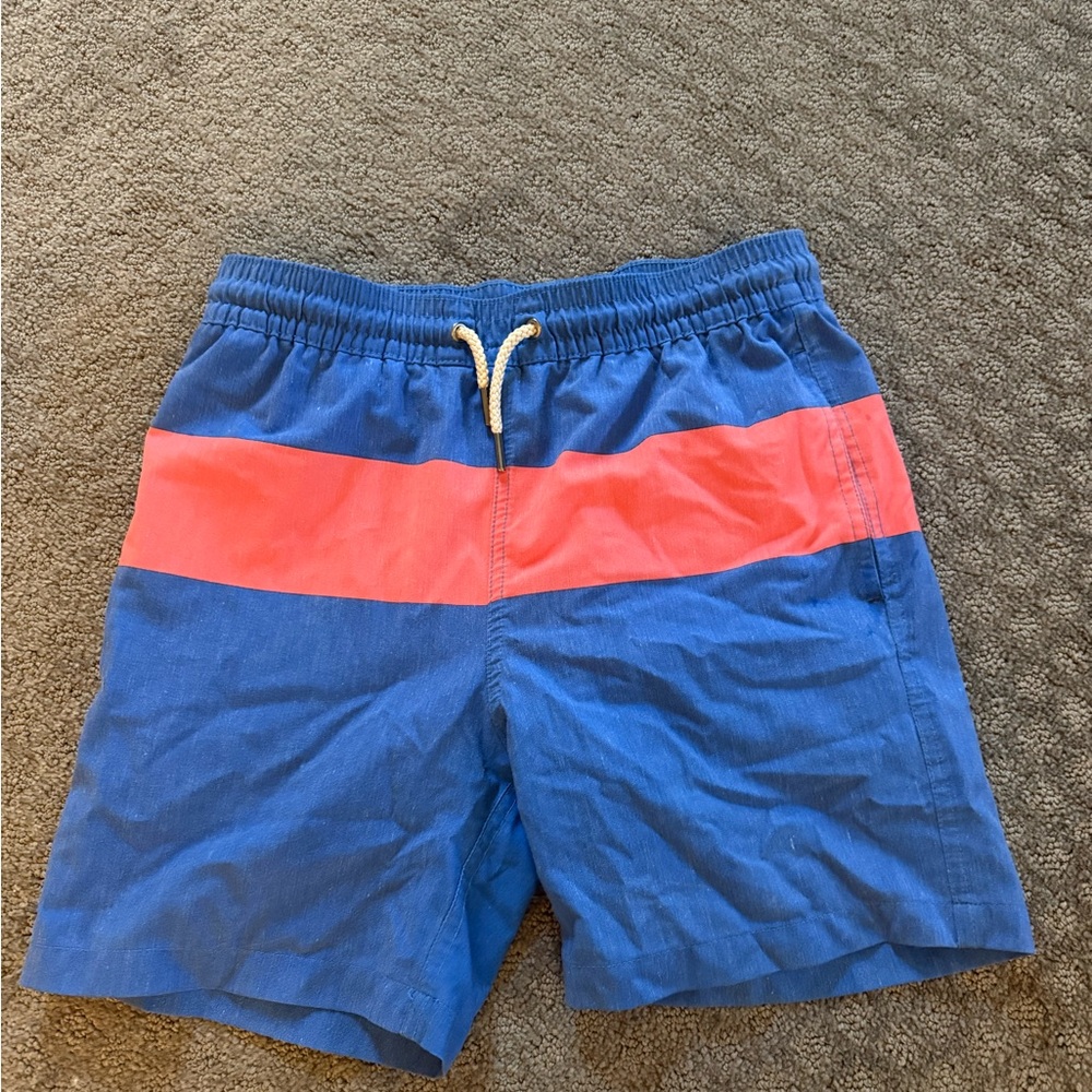 Fair Harbor Blue Swim Shorts with Coral Stripe - Kids